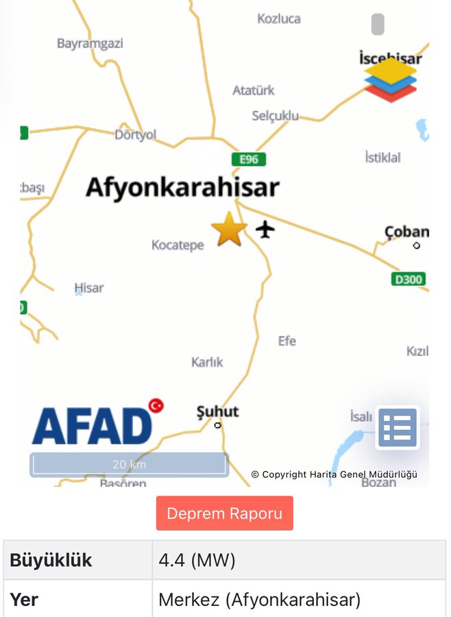 Afyonkarahisar'da 4.4 Büyüklüğünde Deprem