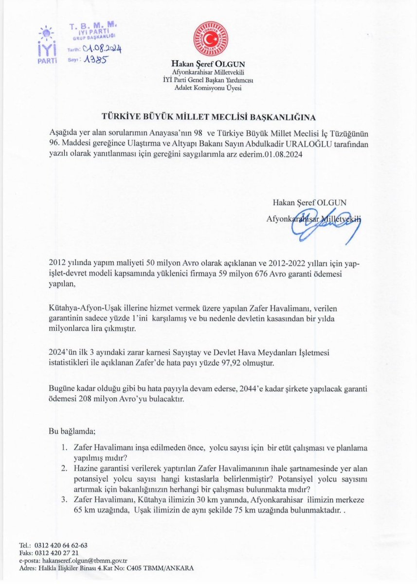 Avukat Hakan Şeref Olgun, Zafer Havalimanı'nın İşleyişi Hakkında Soru Önergesi Sundu