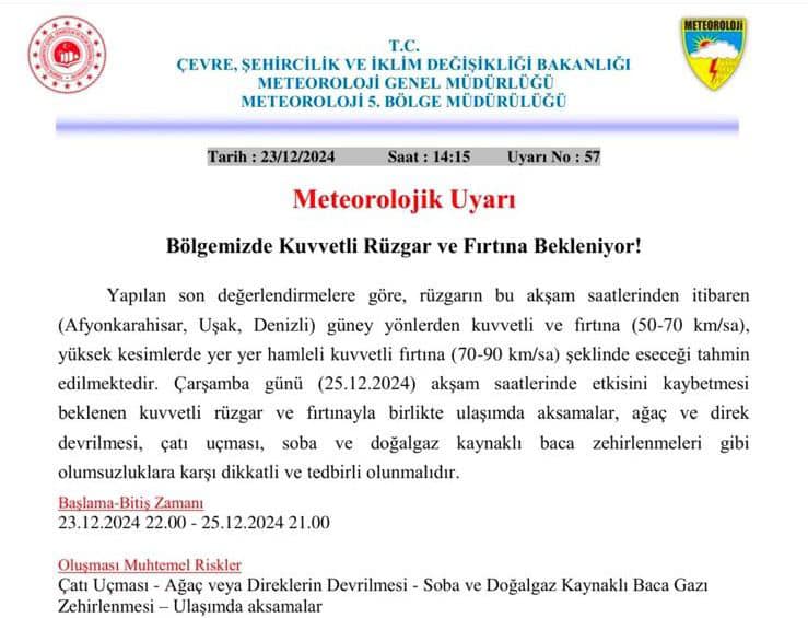 Kuvvetli Rüzgar ve Fırtına Uyarısı