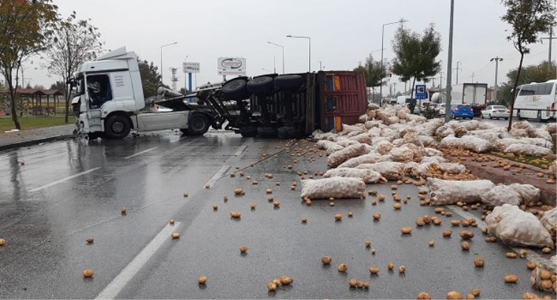 Patates Yüklü Tir Devrildi, Karayolu Patates Tarlasina Döndü